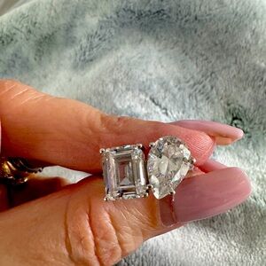 Diamonique  size 6, sterling silver ring, emerald and pear  combo